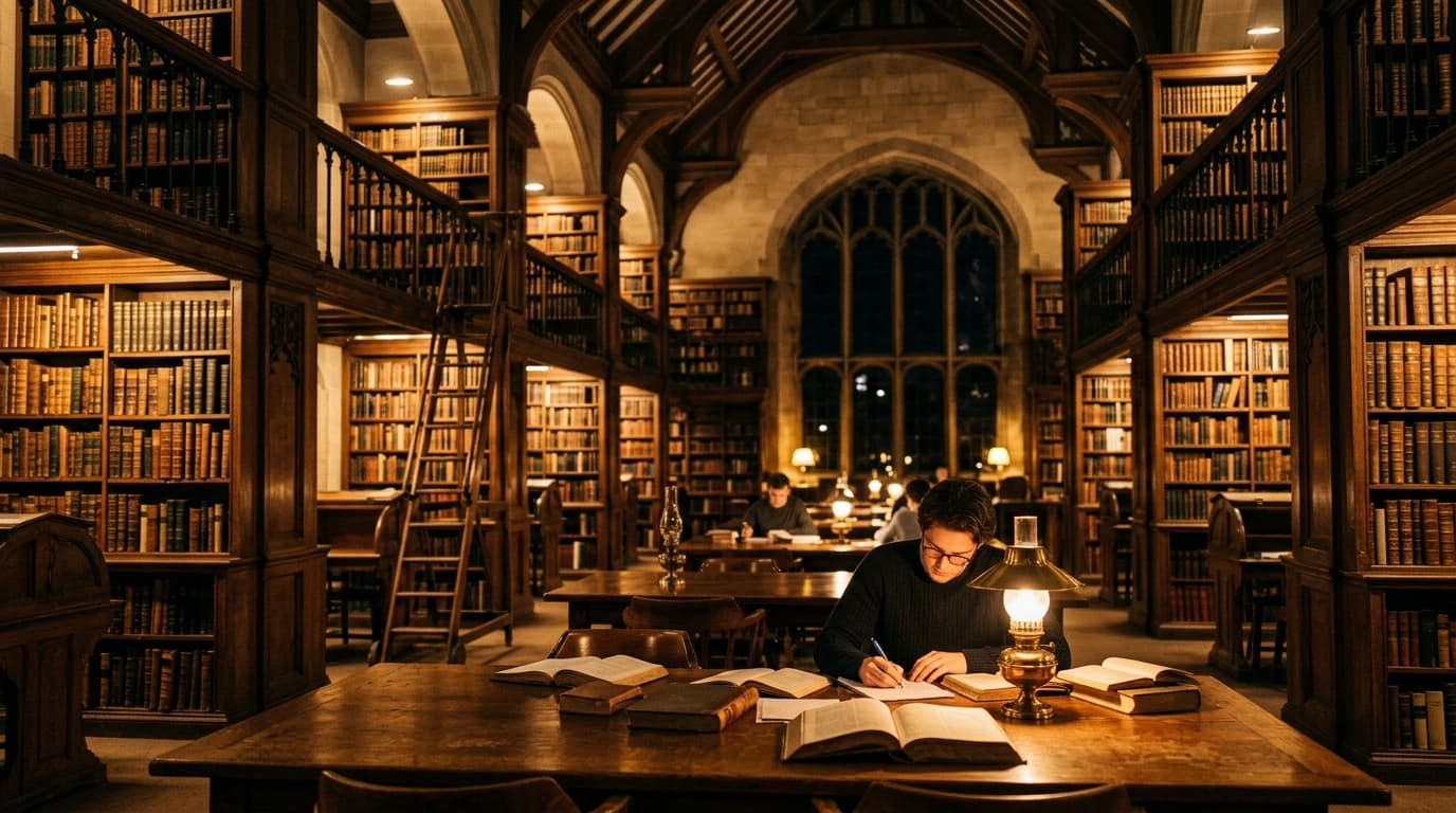 Antique grand university research library with warm golden reading lamps